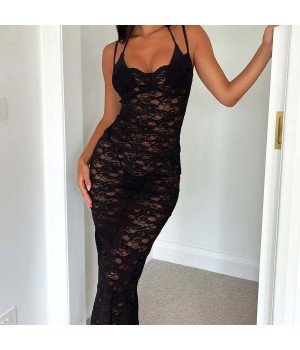 European and American women's clothing new wholesale hot selling sexy hollow out temperament solid color lace dresses