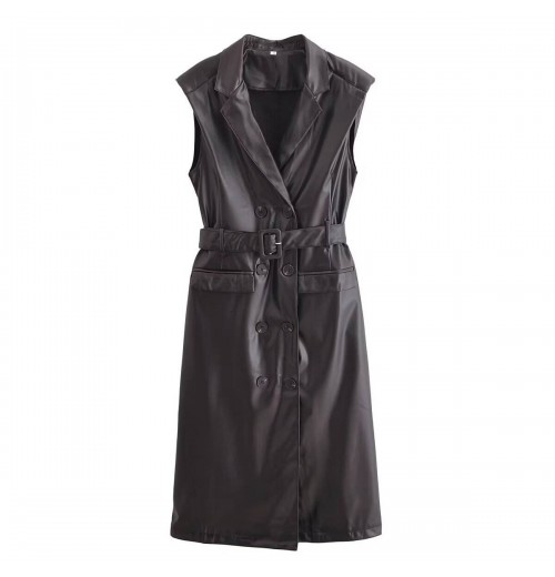 European and American women's clothing 2024 autumn and winter new street fashion sleeveless leather windbreaker dress European and American women's clothing 2024 autumn and winter new street fashion sleeveless leather windbreaker dress