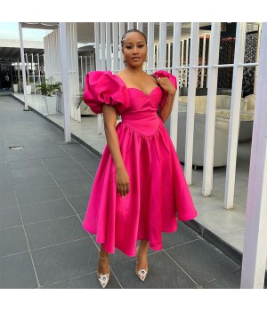 New women's clothing high quality women casual dresses ladies stylish square neck puff sleeve solid waist midi dress