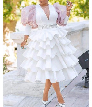 plus size women's clothing High waist temperament white puff sleeve cake dress Ladies banquet puffy dress